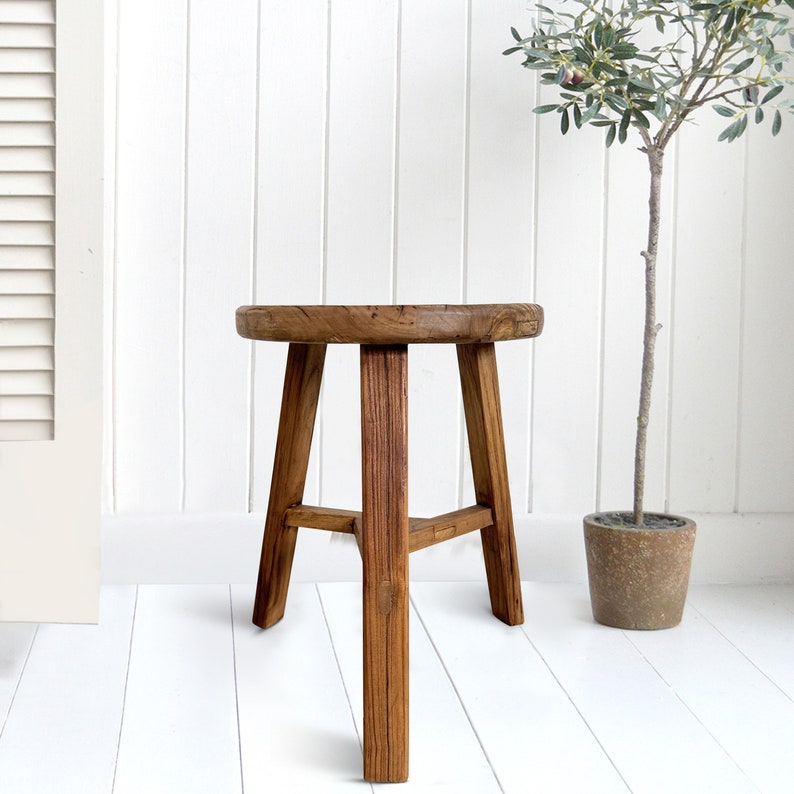 RUSTIC ROUND STOOL Vintage Wooden Stool Plant Holder Etsy