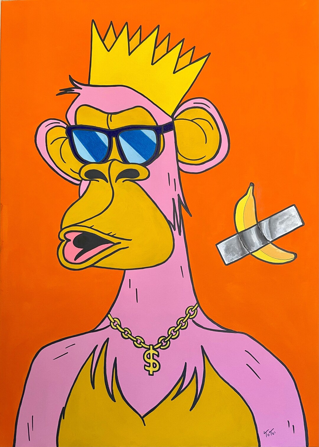 The Pink Monkey by Cattelan Original Painting Pop Art, Monkey Portrait