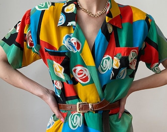 Miss O by Oscar de la Renta Vintage 100% Silk Multicolor Dress with Roses