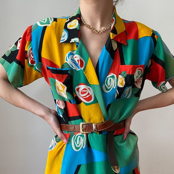 Miss O by Oscar de la Renta Vintage 100% Seide Multicolor Kleid mit Rosen
