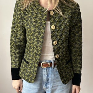 Green Textured Blazer With Velvet Details and Gold Color Statement Buttons / 80s style brocade jacket