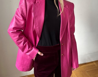 ESCADA Super Cool Magenta Soft Leather Vintage 90's Blazer, Size 42 / Pink Leather Coat / Rare Find