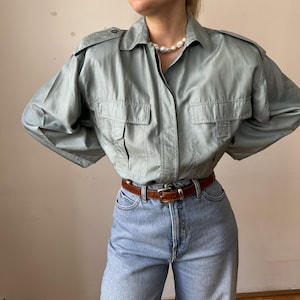 Vintage 100% Silk Air Force Blue Top / Light Blue Blouse With 3/4 Sleeve and Decorative Pockets / Turquoise Shirt