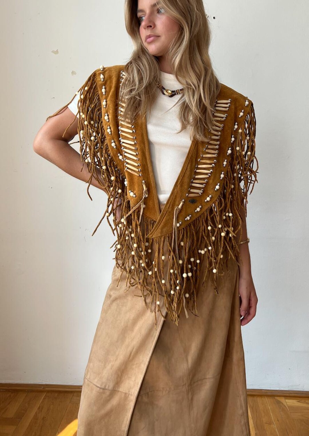 Poncho cowboy femme châle à frange crème