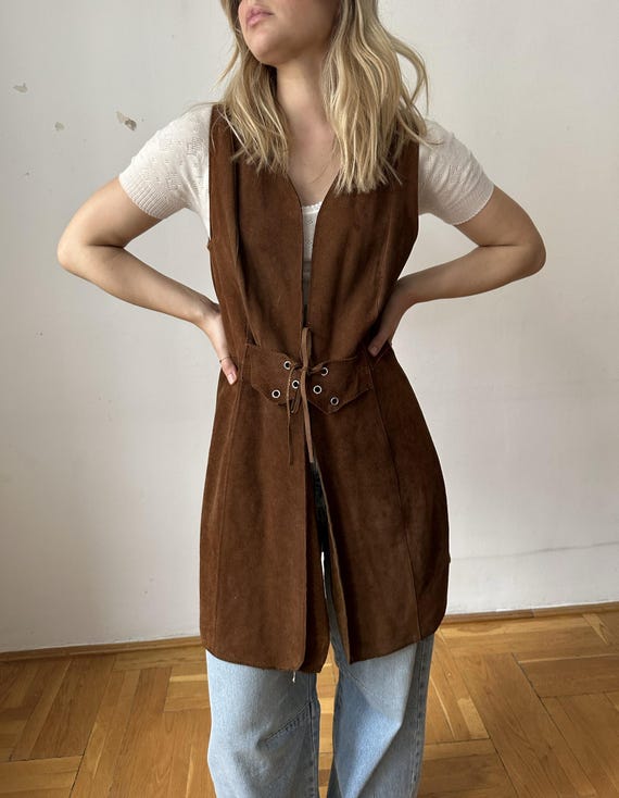 princess polly baby blue dress Vintage Boho / Hippie Suede Brown Leather Dress / Vest / 70s Style Festival  Vest
