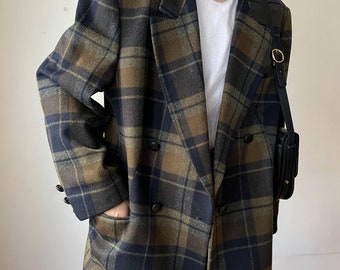 Vintage Khaki / Dark Blue Checked Wool and Alpaca Blazer / Suit / Coat / Made in Austria