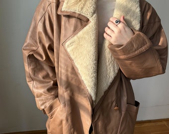 Vintage Light Brown Color Shearling Coat / Jacket / Winter Parka / Sheepskin Jacket / 80s style coat
