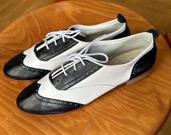 Super Soft Nappa Leather Black and White Flat Dance Shoes  7 1/2