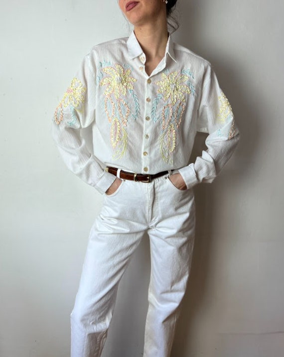White Floral Embroidered Bell Sleeve Blouse