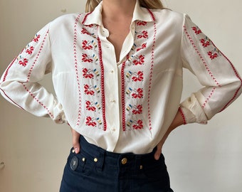 Beautiful Vintage Hand Made Hand Embroidered Ecru Silk Blouse