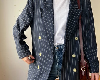 Blazer croisé vintage à rayures en mélange de lin / Costume / Fabriqué en Allemagne de l'Ouest