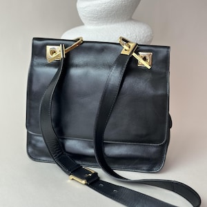 Beautiful Montbui Difusion Black Leather Shoulder Bag With Gold Color Details / Made in Spain