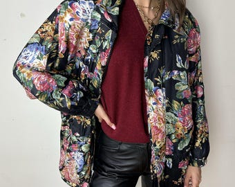Cool Vintage Floral Wind stopper Coat With Shoulder Pads / Flower Print Coat