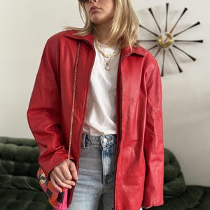 Veste / manteau en cuir souple rouge RENÉ LEZARD vintage des années 90