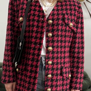 Vintage Houndstooth Black and Pink Tweed Blazer / Coat With Gold Color Statement Buttons