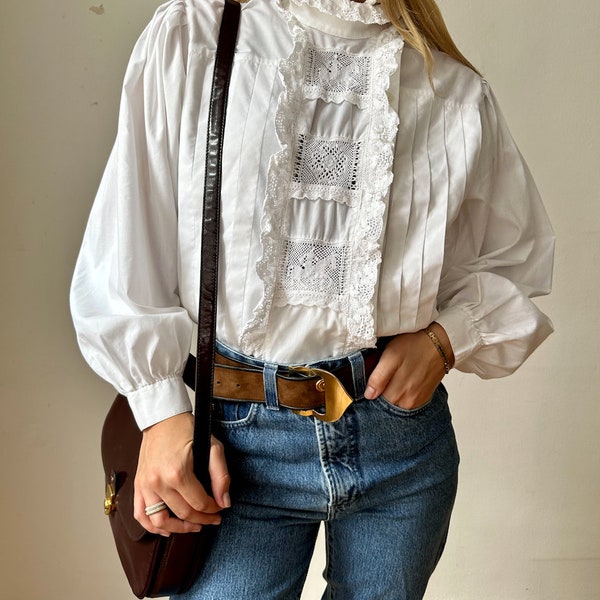 Beautiful Vintage Austrian White Cotton Folk Blouse With Ruffles and Puff Sleeves