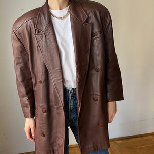 Stylish 80s Style Vintage Chocolate Brown Leather Coat With Shoulder Pads / Size 40 / Leather blazer