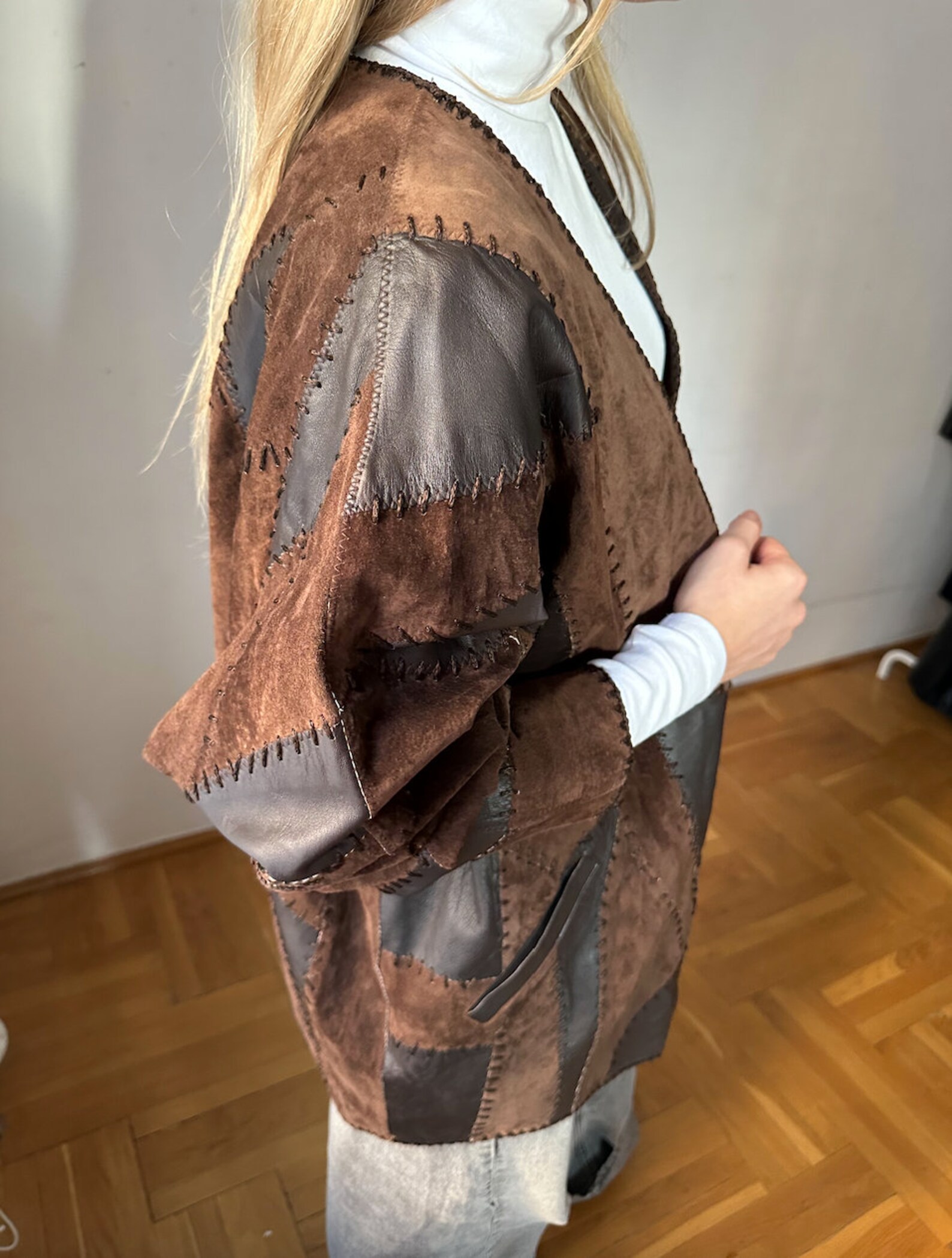 Vintage Bavarian Folk Leather Patchwork Jacket | Brown Cottagecore Core Coat | Embroidered S-M