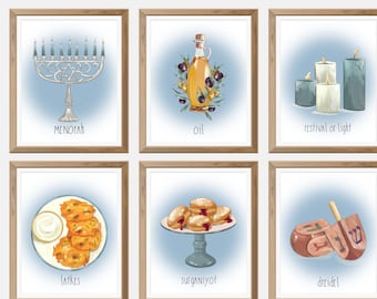Hanukkah Wall Print Set, Hanukkah Gifts, Hanukkah Decor, Chanukah Decor, Menorah Artwork, Minimalist Hanukkah Art, Hanukkah Print Set of 6