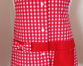 Children's apron Red gingham sleeveless checkered size 6 years / red gingham school apron