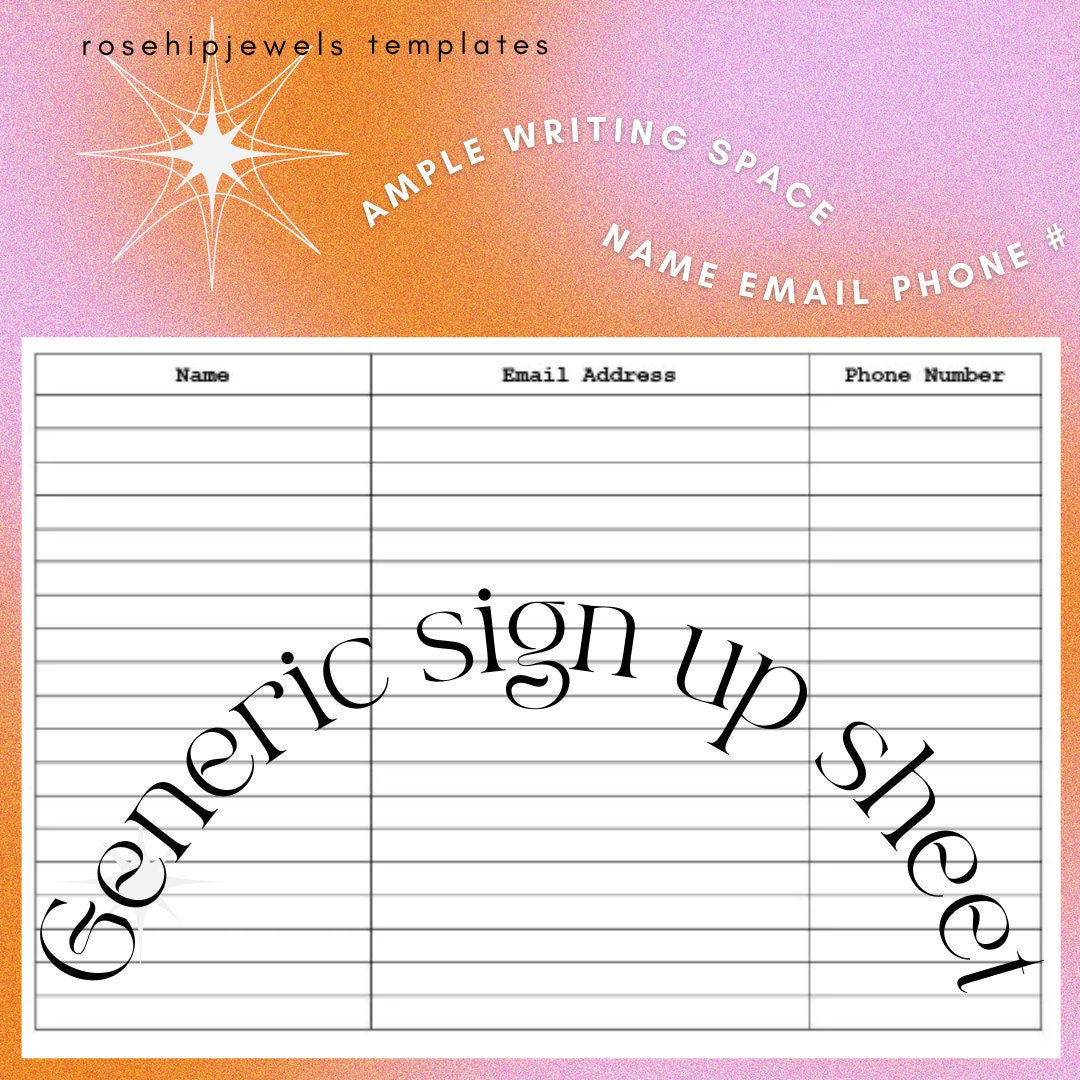 Generic Sign up Sign in Sheet Name Email Phone Number ample Writing Generic Sign up Sign in Sheet Name Email Phone Number ample Writing