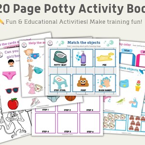 Może przedstawiać: Zestaw 20-stronicowych książeczek z ćwiczeniami do nauki korzystania z nocnika. Tytuł brzmi "20 Page Potty Activity Book" z podtytułem "Fun & Educational Activities! Make training fun!". Strony zawierają gry i kolorowanki.