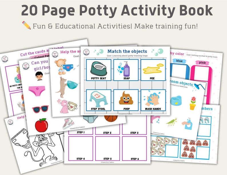 Może przedstawiać: Zestaw 20-stronicowych książeczek z ćwiczeniami do nauki korzystania z nocnika. Tytuł brzmi "20 Page Potty Activity Book" z podtytułem "Fun & Educational Activities! Make training fun!". Strony zawierają gry i kolorowanki.