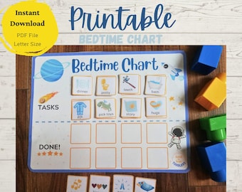 May include: A printable bedtime chart with a space theme. The chart has a blue background with stars and a rocket ship. It includes a list of tasks to complete before bedtime, such as dinner, potty, teeth, and hugs. There are also spaces to mark off each task as it is completed. The chart is designed for toddlers.