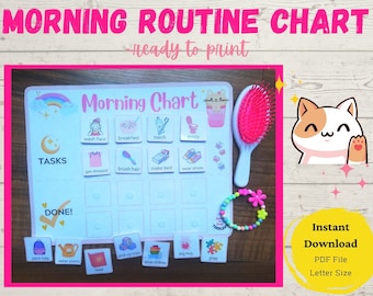 May include: A printable morning routine chart for kids with colorful illustrations of tasks like brushing teeth, getting dressed, and packing a bag. The chart has a pink and blue color scheme with a rainbow and stars. The text on the chart says "Morning Chart" and "Tasks".