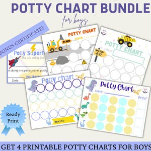 Könnte beinhalten: Ein Bundle aus vier druckbaren Töpfchentrainings-Charts für Jungen, mit Dinosaurier- und Baustellen-Designs. Enthält ein Bonus-Zertifikat und ein "Ready Print"-Abzeichen. Die Charts haben Felder zur Fortschrittsverfolgung.