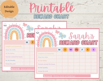 May include: A printable reward chart with a rainbow and butterfly design. The chart is pink and has a space for a child's name. The chart includes a list of chores and a space for stickers or other rewards. The text on the chart reads "Sarah's Reward Chart".