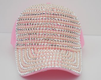 Pink Hat with Pink Pearl and Silver Sequinsin Hot Pink, Pink cap / hat for women