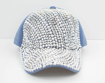 Pearl and Sequins Blue Denim Baseball Cap