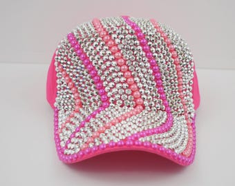 Hot Pink Silver Sequins and Pearl Baseball Cap