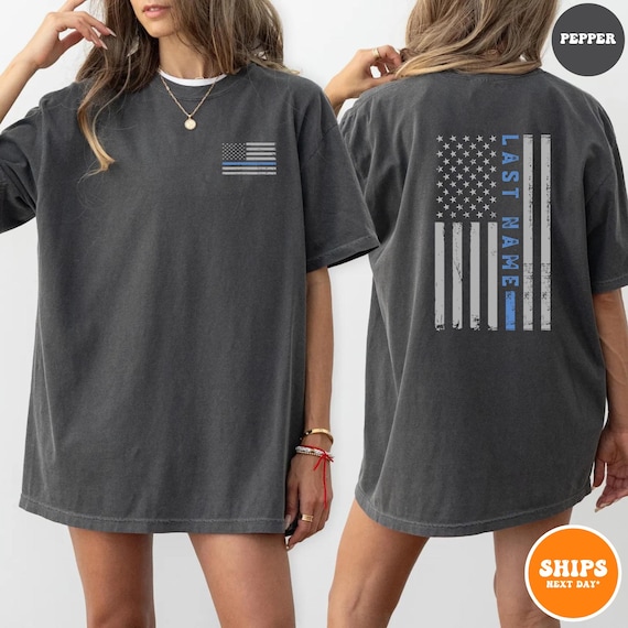Custom Last Name American Flag T-shirt | Thin Blue Vertical Line Flag | Personalized Police Shirt | Custom Last Name Gift | Comfort Colors