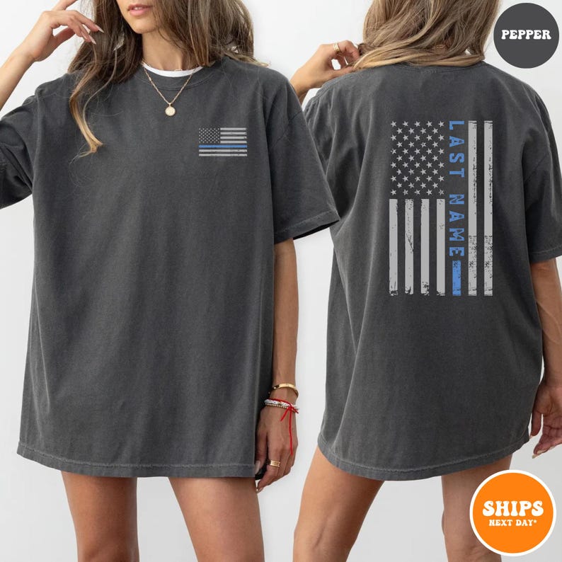 Custom Last Name American Flag T-shirt | Thin Blue Vertical Line Flag | Personalized Police Shirt | Custom Last Name Gift | Comfort Colors image 1