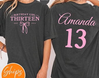Custom Birthday T-shirt | Pink Coquette Bow 13th Birthday Shirt | Girls University Style Tee | 13 Year Old Gift Est. 2002 Bday Party Top