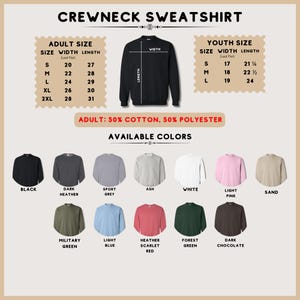 May include: A crewneck sweatshirt size and colour chart featuring a black sweatshirt illustration, adult and youth size tables in inches, and a colour palette including black, dark heather, sport grey, ash, white, light pink, sand, military green, light blue, heather scarlet red, forest green, and dark chocolate.