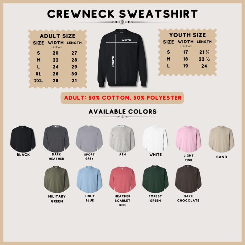 May include: A crewneck sweatshirt size and colour chart featuring a black sweatshirt illustration, adult and youth size tables in inches, and a colour palette including black, dark heather, sport grey, ash, white, light pink, sand, military green, light blue, heather scarlet red, forest green, and dark chocolate.