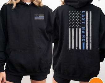 Custom Last Name American Flag Crewneck Sweatshirt | Thin Blue Vertical Line Flag | Personalized Police Shirt | Custom Last Name Gift Hoodie