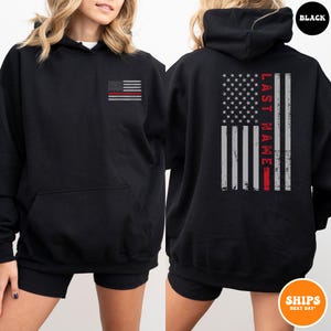 Custom Last Name Firefighter Crewneck Sweatshirt | Thin Red Vertical Line Flag | Personalized Firefighter Shirt | Custom Fireman Grad Gift