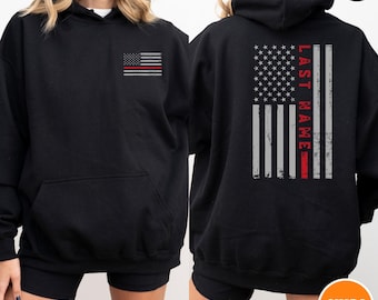Custom Last Name Firefighter Crewneck Sweatshirt | Thin Red Vertical Line Flag | Personalized Firefighter Shirt | Custom Fireman Grad Gift