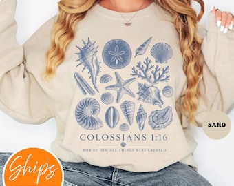 Seashell Bible Verse Crewneck Sweatshirt | Coastal Aesthetic Christian | Oversized Beach Shirt | Ocean Life Faith Apparel | Baptism Gift
