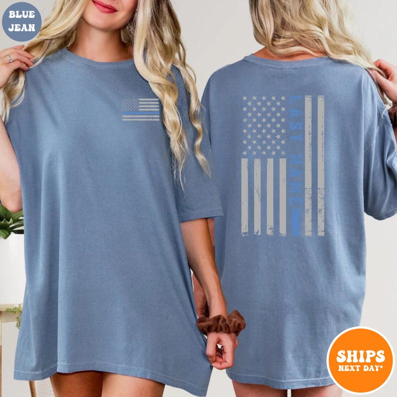 May include: Two blue jean t-shirts with a distressed American flag design. One shirt has a thin blue line across the flag, and the other has the words "First Responders" written across the flag.
