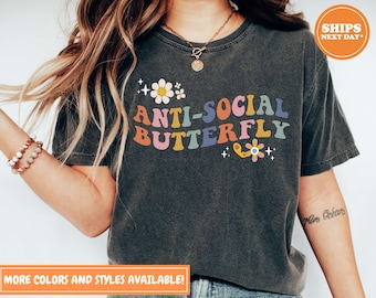 Anti Social Butterfly T-shirt | Introvert Butterfly Shirt | Retro Shirt | Introvert Gift Shirt | Homebody Shirt | Anti|Social Shirt | 113400