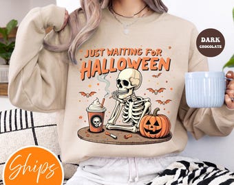 Just Waiting for Halloween Sweatshirt | Funny Skeleton Shirt | Spooky Season Shirt | Trendy Fall Long Sleeve | Minimalist Halloween Top