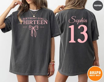 Custom Birthday T-shirt | Pink Coquette Bow 13th Birthday Shirt | Girls University Style Tee | 13 Year Old Gift Est. 2002 Bday Party Top