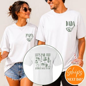 May include: Two white t-shirts featuring dark green golf-themed graphics. One shirt displays 'MAMA' with a golf club, the other 'DADA' with a club. A circular inset shows a shirt back with 'LET'S PAR-TEE! JOSHUA'S HOLE IN ONE' and golf icons.