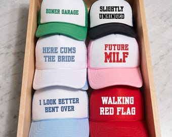 Bachelorette Hat Roulette | Funny Inappropriate Trucker Hats | Bride & Bridesmaid Party Favors | Bach Trip Hat Pack
