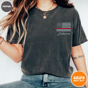 Custom Last Name Firefighter T-shirt | Thin Red Line Vertical Flag | Personalized Firefighter Shirt | Custom Fireman Gift | Firefighter Gift